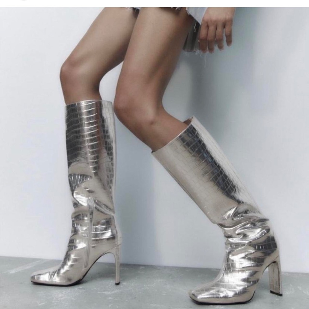 Crocodile metallic silver block heel boots